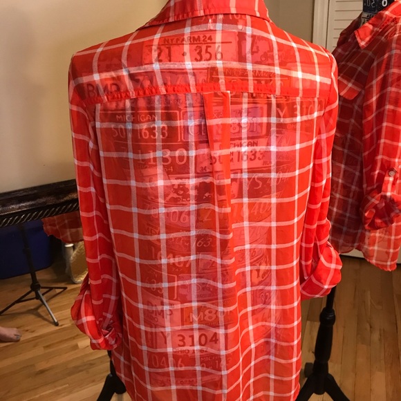 ❌Sheer Orange / White Plaid Button Up Blouse - Picture 3 of 3